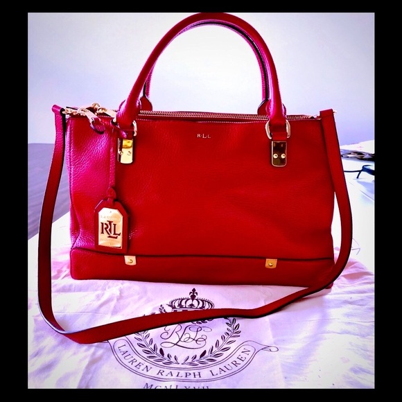 Ralph Lauren red Florentine pebble leather double handle/Crossbody shoulder bag - Picture 1 of 16
